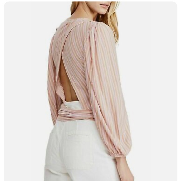 Free People Autumn Nights Striped Tulip Tie-Back Top Orchid Rain V-Neck - Picture 2 of 10